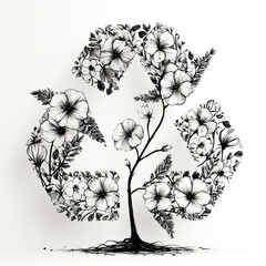 Black and white drawing of a tree with flowers in the shape of a heart. Professional commercial content. Commercial. High-resolution. High-res. Premium quality. Premium. Professional grade. Quality.