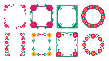 Floral frames and borders set, blossoms and leaves corners, square and circle labels, wedding invitation, birthday card, baby shower template