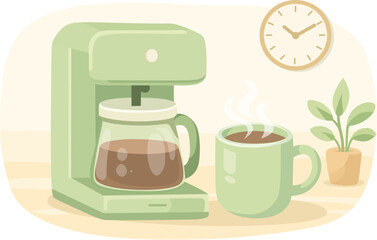 A cup of coffee with a soft green coffee machine. Morning routine and manifesting a healthy life