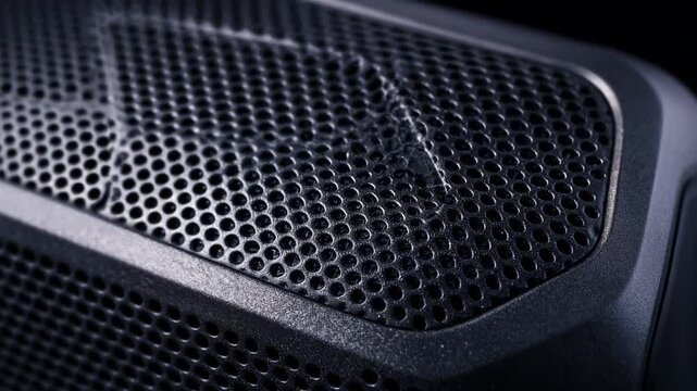 Closeup medium shot of a wireless Bluetooth speaker showcasing enhanced bass features with emphasis on powerful lowfrequency sound output.