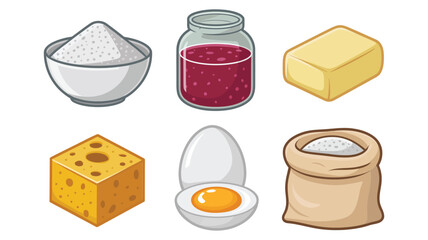 Baking ingredient icons vector set with flour bowl, berry jam jar, butter block, cheese wedge, cracked egg, flour sack © RA Studio