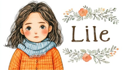 Portrait of Young Girl in Orange Sweater and Blue Scarf with Watercolor Flowers