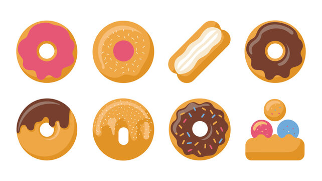 Sweet donut and bun vector collection with filled center, eclair stick, chocolate glaze, sprinkle ring, bakery dessert icon pack