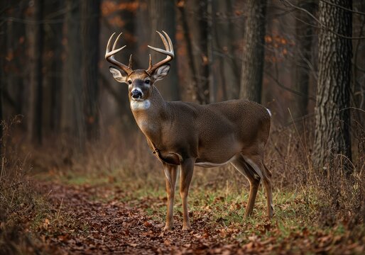 A large brown whitetail buck standing alertly in a forest clearing during autumn, showcasing its impressive antlers and camouflage ,majestic ,outdoor ,field
