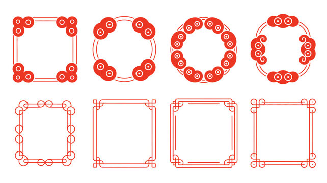 Lunar New Year decorative frame set with coin beaded corners, square borders and minimal red line ornaments for greetings cards