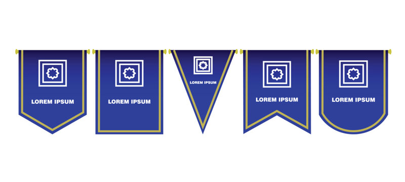 Set of blue pennant flags with gold borders and geometric logo icons. Elegant banner templates for sports, awards, or branding. Vector illustration in different shapes like shield, swallowtail