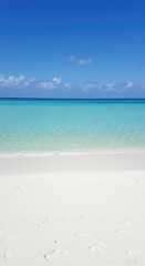 A long, pristine stretch of white sand meets the turquoise ocean water under a clear blue sky, emphasizing tranquil solitude and distance ,exotic ,sea ,tropical