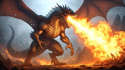 Massive dark fantasy dragon rears up on rocky terrain unleashing a powerful torrent of incandescent orange and yellow fire breath in an epic battle scene