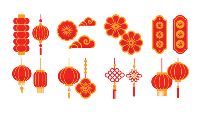 Chinese new year hanging ornaments, round lanterns, floral medallions, tassel knots, lucky tags, festival decoration elements, elegant celebration vector