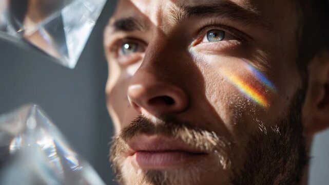 A contemplative man gazes into the distance, illuminated by refracted light and capturing a rainbow reflection on his face, evoking a sense of wonder and introspection.