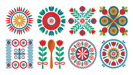 Floral rosette wreath collection, Polish wycinanki inspired, bright circles, tulip stems, birds, ribbon bows, fairground festival decorations, cultural spring vector © RA Studio