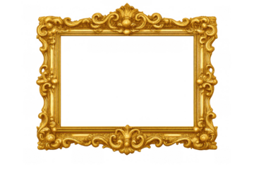 Gold ornate antique frame with carved baroque and rococo details, creating a vintage luxury border, transparent background