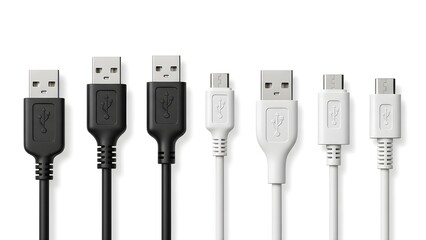 A collection of diverse usb cable connectors showcasing black and white variations for data transfer and charging peripherals in a clean white studio setting