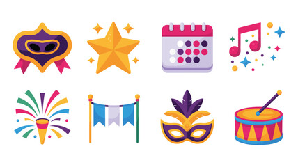 Masquerade night poster elements, star award, calendar, music note, fireworks rockets, ribbon banner, party mask, festival celebration vector set