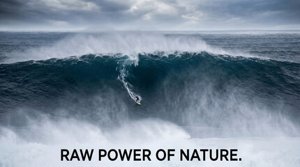 A lone surfer skillfully rides a massive, powerful ocean wave, surrounded by dramatic spray and foam under a cloudy sky, showcasing the raw power of nature.