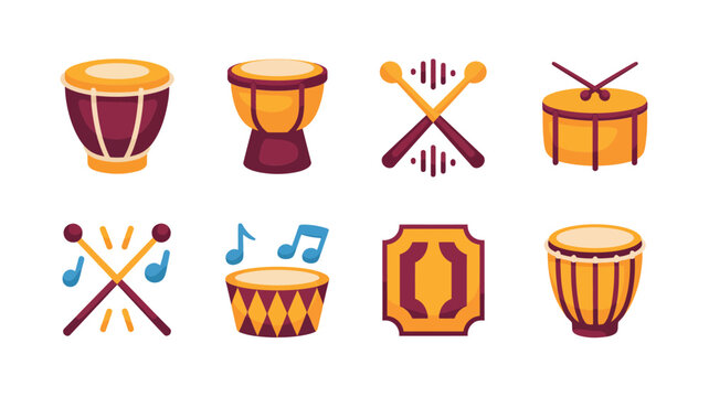 Percussion instrument collection, snare drum, conga, bongo, tom tom, sticks and notes, marching band parade, carnival music vector set