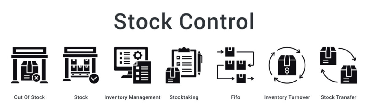 Stock control banner web icon managing shortage alerts, inventory methods, turnover ratios, and transfer operations.