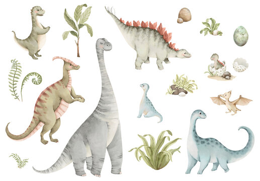 Watercolor set of cute cartoon dinosaurs and green plants, isolated hand drawn design elements for baby bedroom poster, childish textile or cards. Decorative collection of animals jurassic.