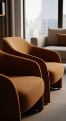 Obraz premium Close-up of two brown armchairs, showcasing smooth fabric texture in a modern interior setting, symbolizing comfort, relaxation, and contemporary design, ideal for home decor or lifestyle concepts
