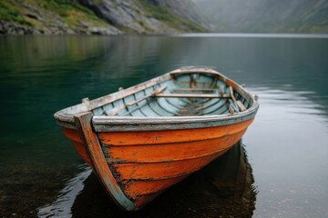 Obraz premium Solitary Rowing Boat: An old, weathered rowboat rests serenely on the tranquil water of a serene lake, reflecting the muted hues of the surrounding landscape, evokes feelings of peaceful solitude.