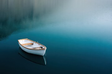 Serene Voyage on Tranquil Waters: A lone boat floats gently on a misty, mirror-like lake, evoking a sense of solitude, peace, and contemplation, reflecting the beauty and quietude of nature.