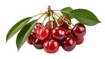 Bunch of ripe red cherries with green leaves cherry isolated on a transparent background