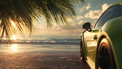 Green sports car parked on beach at sunset with palm tree, desktop wallpaper
