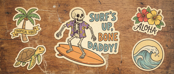 A collection of vintage-style tropical and surf-themed stickers, including a surfing skeleton, palm tree, sea turtle, hibiscus flowers, and a wave, on a wooden background.