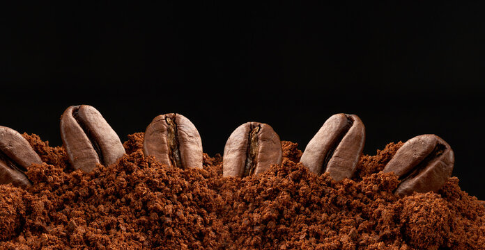 Roasted coffee beans in ground coffee on a black background