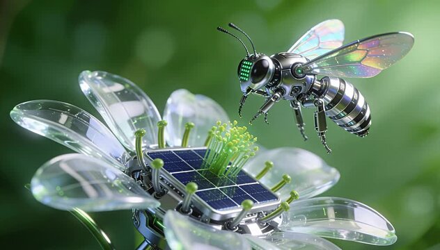 Robotic bee interacts with a futuristic solar-powered artificial flower in a nature setting, robot bee.