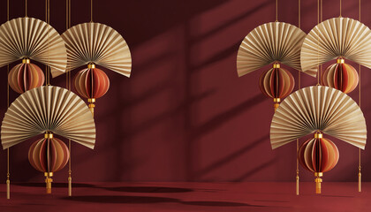 Luxurious layered paper cut background featuring traditional Chinese auspicious clouds and circular motifs in red and gold colors.