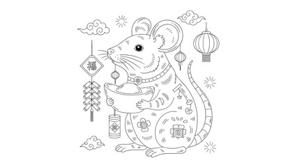 Naklejka premium Chinese New Year rat holding bowl surrounded by lanterns and clouds, Generative AI.