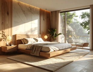 Fototapeta premium A serene bedroom with a large window offers a skyline view, featuring a minimalist bed, neutral furniture, and warm lighting in a modern apartment.