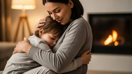 Fototapeta premium Emotional Bonding: Young Girl Embracing Mother in Cozy Living Room by Fireplace