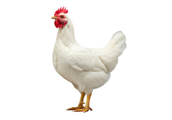 A healthy domestic hen with transparent feathers, vivid red comb and wattle, bright yellow legs, beak slightly open, on a clean transparent studio background, isolated animal study concept