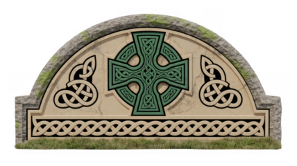 Celtic cross on a stone monument with grass green beige isolated on a transparent background