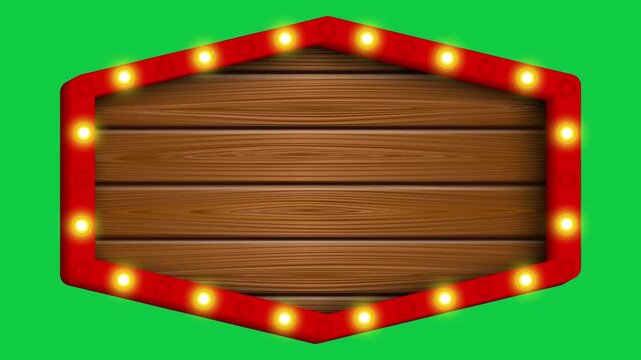animated wooden signboard with lightbulbs on green screen.