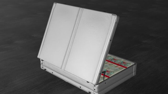 Looping rotation of a briefcase containing Kuwaiti dinar notes, representing high-value currency, wealth preservation, and elite financial progress.