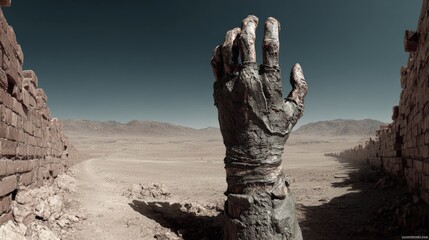 Ancient Hand Reaching In Desert Landscape