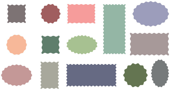 Set of Zigzag and colorful Shapes. Rectangle, square, circle and oval shape frame with zigzag edge. Zig zag wavy labels, isolated on white background.