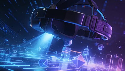 Immersive virtual reality headset projecting a digital city network, metaverse exploration graphic.