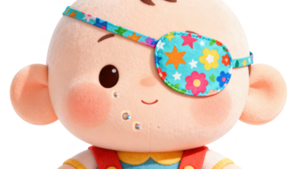 Cute doll wearing a colorful patterned eye patch on its stronger eye isolated on white background illustrating occlusion therapy for amblyopia treatment in children.