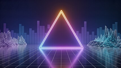 Vibrant neon triangle in futuristic cityscape with grid floor