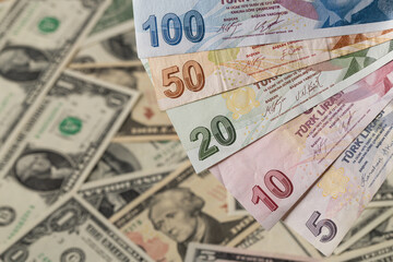 Turkish Lira Banknotes on Dollar Background