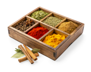 A square wooden box divided into nine compartments, each filled with different colorful ground and whole spices. Cinnamon sticks and star anise are placed next to the box on Transparent background.