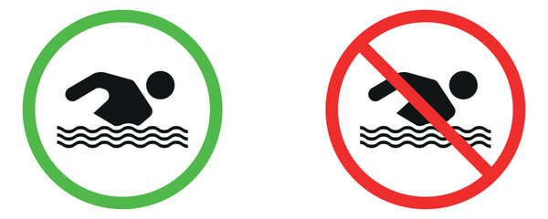 swimming man icon vector illustration. Swimmer sign icons set.  swimming allow and swimming not allow.