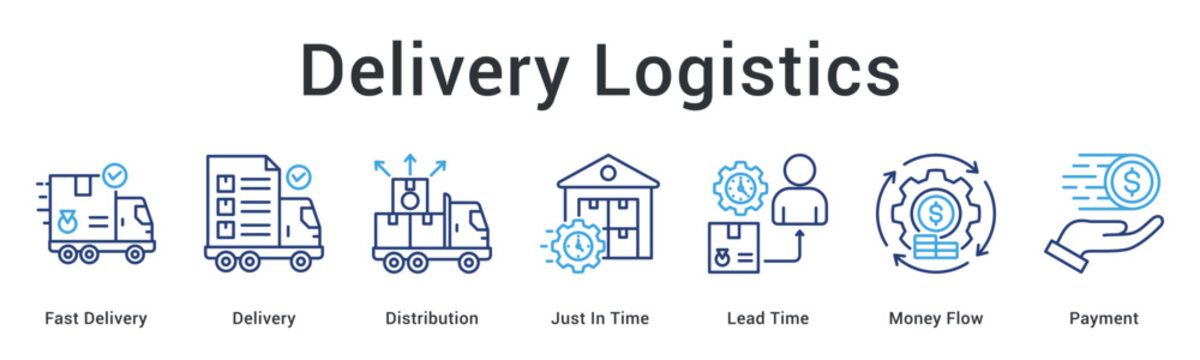 Delivery logistics banner web icon showing fast shipment through JIT distribution with payment and cash flow.