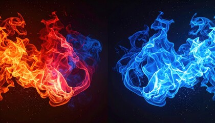 Symmetrical flames of red-orange and blue-cyan hues on a dark background, creating a contrasting and dynamic visual