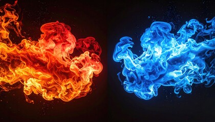 Vivid digital rendering of fire and ice energy plumes colliding, set against a dark, high-contrast background
