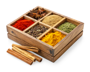 A square wooden box divided into nine compartments, each filled with different colorful ground and whole spices. Cinnamon sticks and star anise are placed next to the box on Transparent background.